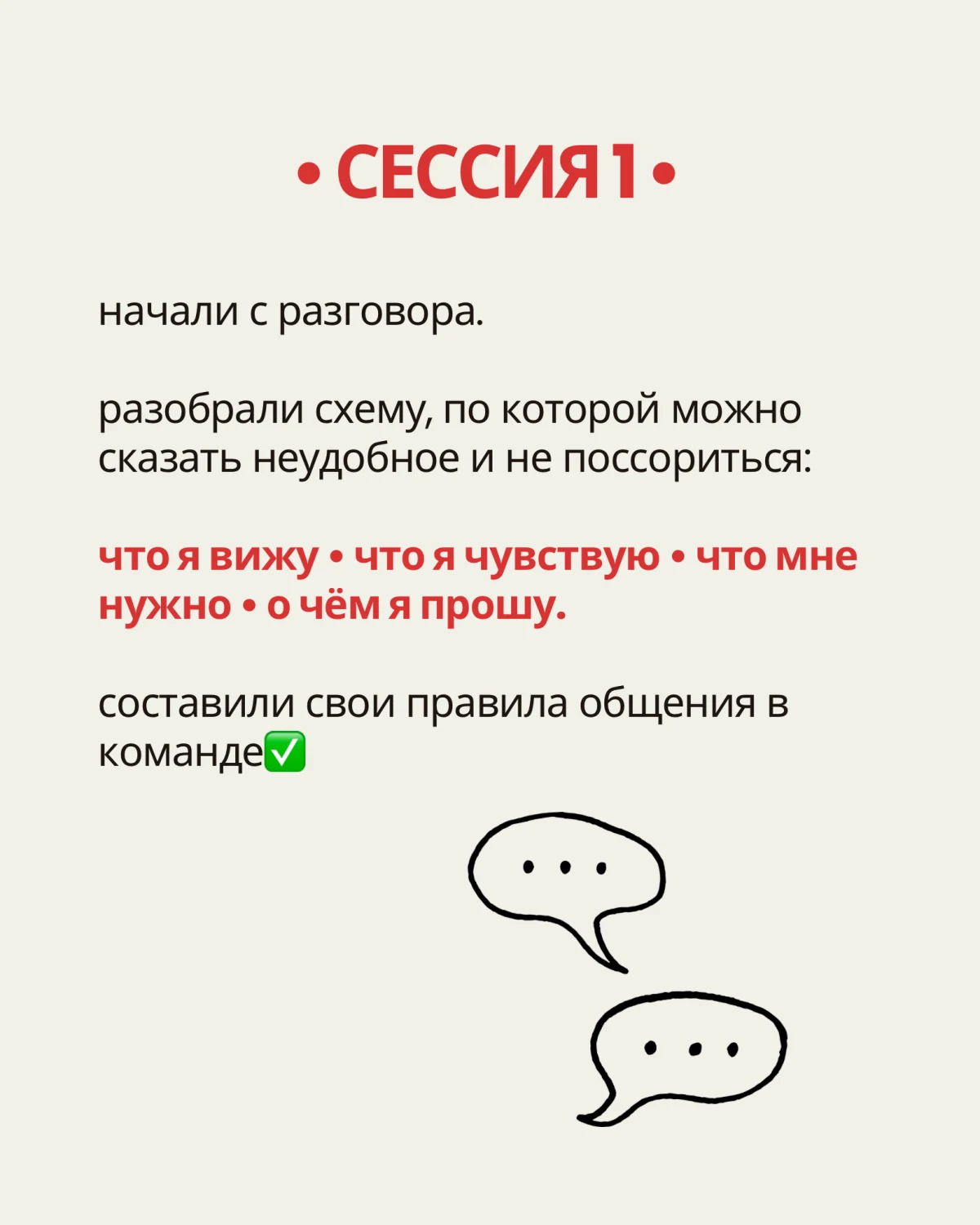 Сессия 1: учились говорить о неудобном без ссоры — что я вижу, чувствую, в чём нуждаюсь и о чём прошу. Составили правила общения в команде.